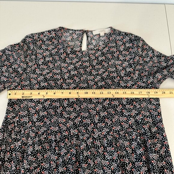 Loft Midi Dress Shift Floral Black Tiered Boho Medium Petite - Picture 8 of 9